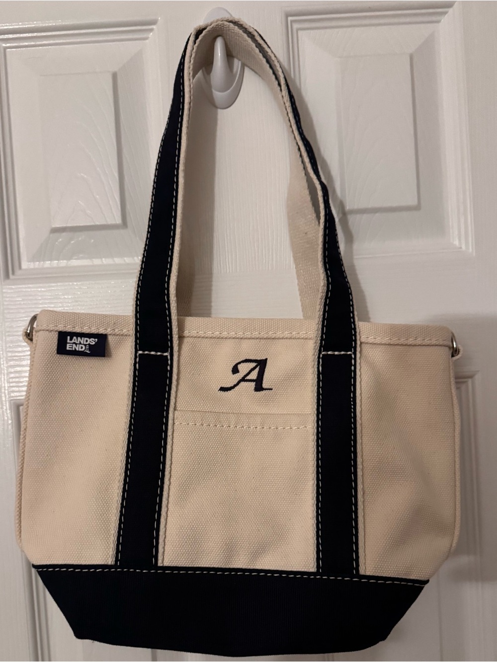 NWOT Land’s end canvas tote, sz small with long handles, navy, monogrammed